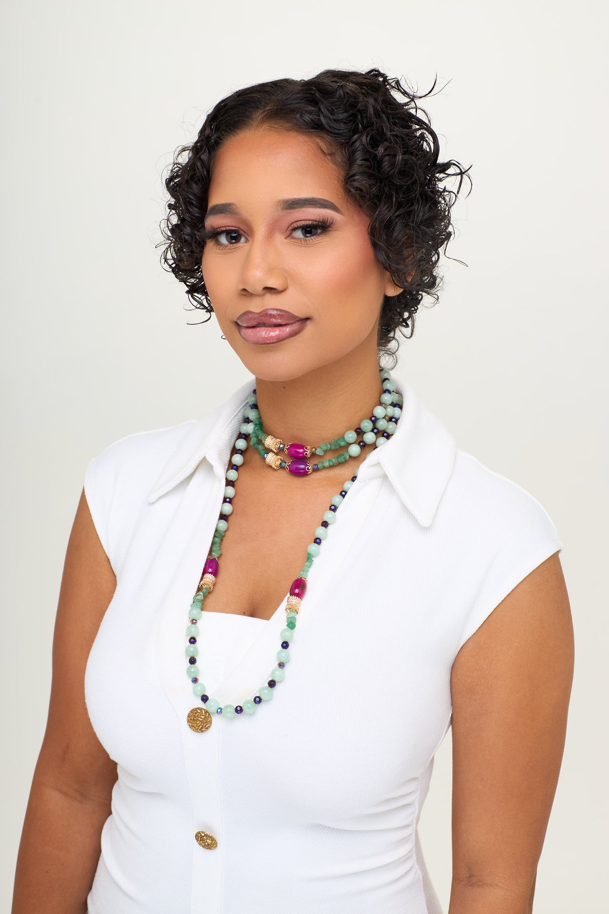 The Jade & Fuchsia Quartz Multi-Layered Necklace Set