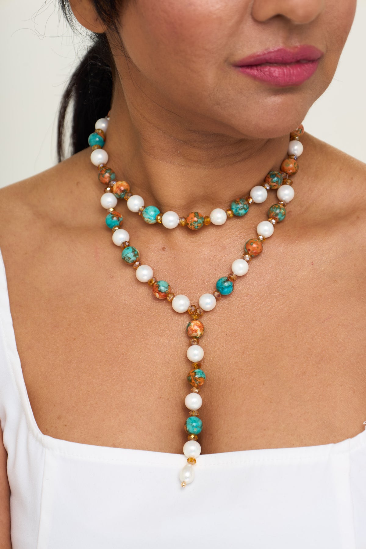 The Turquoise Imperial Jasper & Pearl Y-Drop Necklace