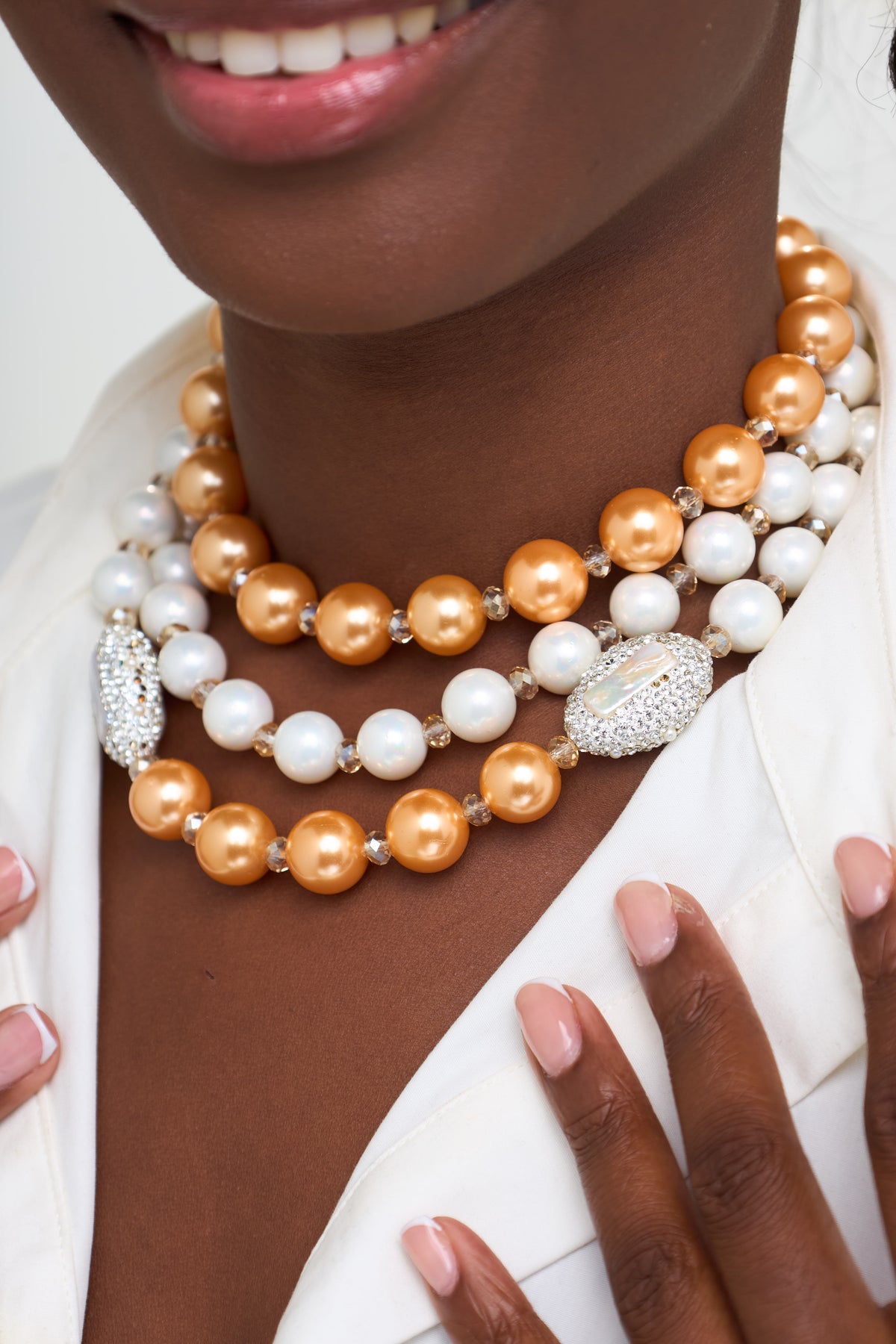 The Champagne & White Pearl Triple-Strand Collar