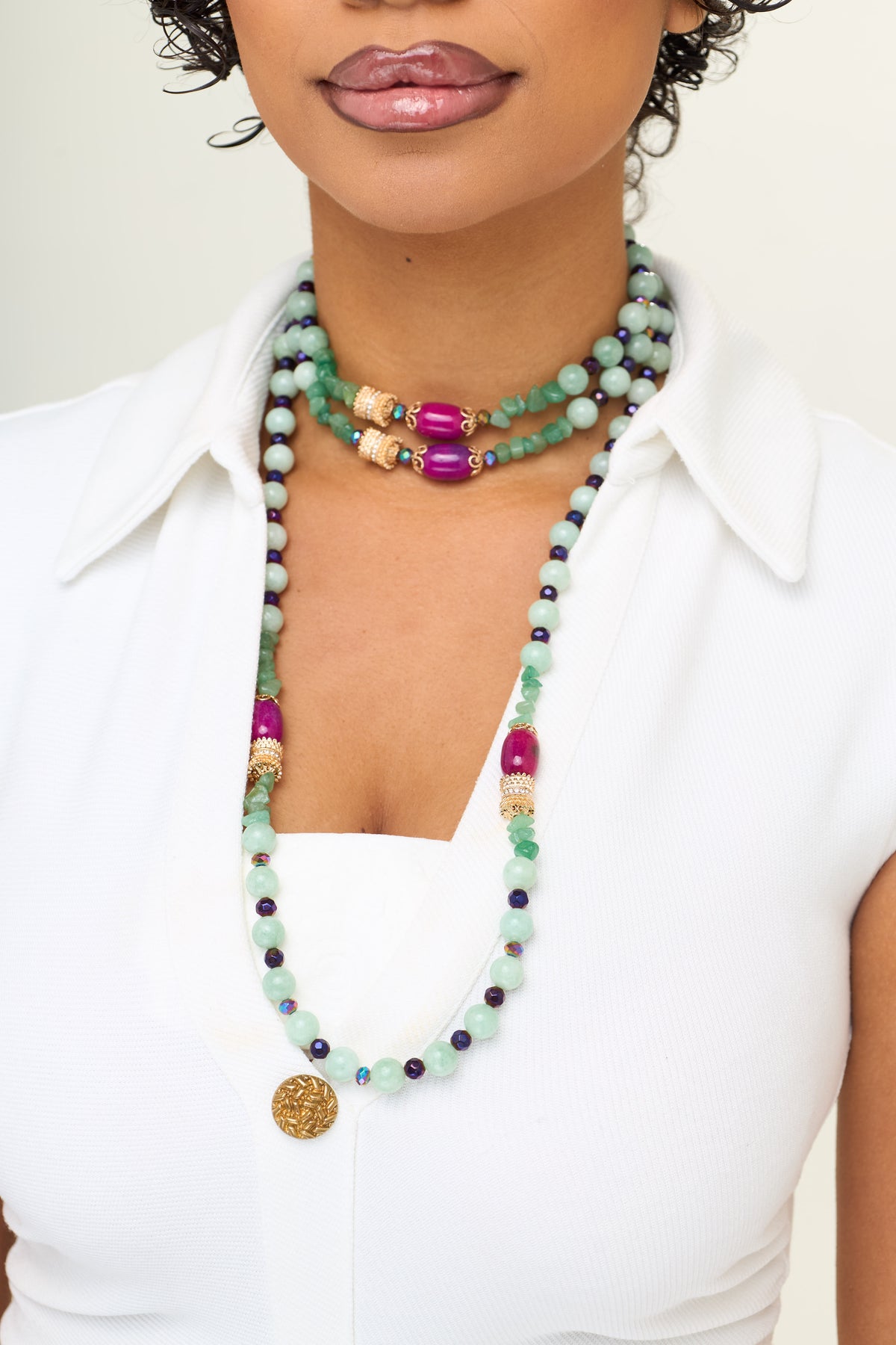 The Jade & Fuchsia Quartz Multi-Layered Necklace Set