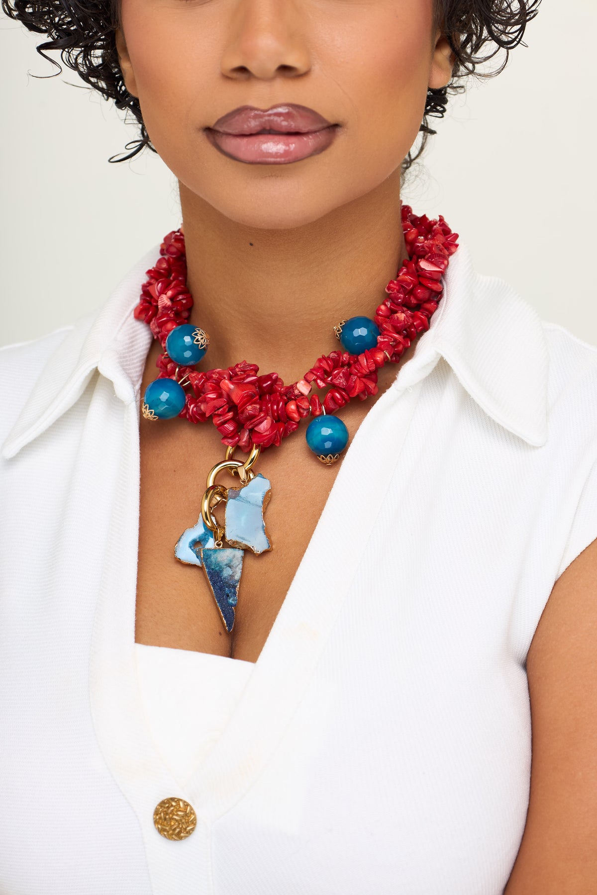 The Red Coral & Blue Agate Slice Statement Collar