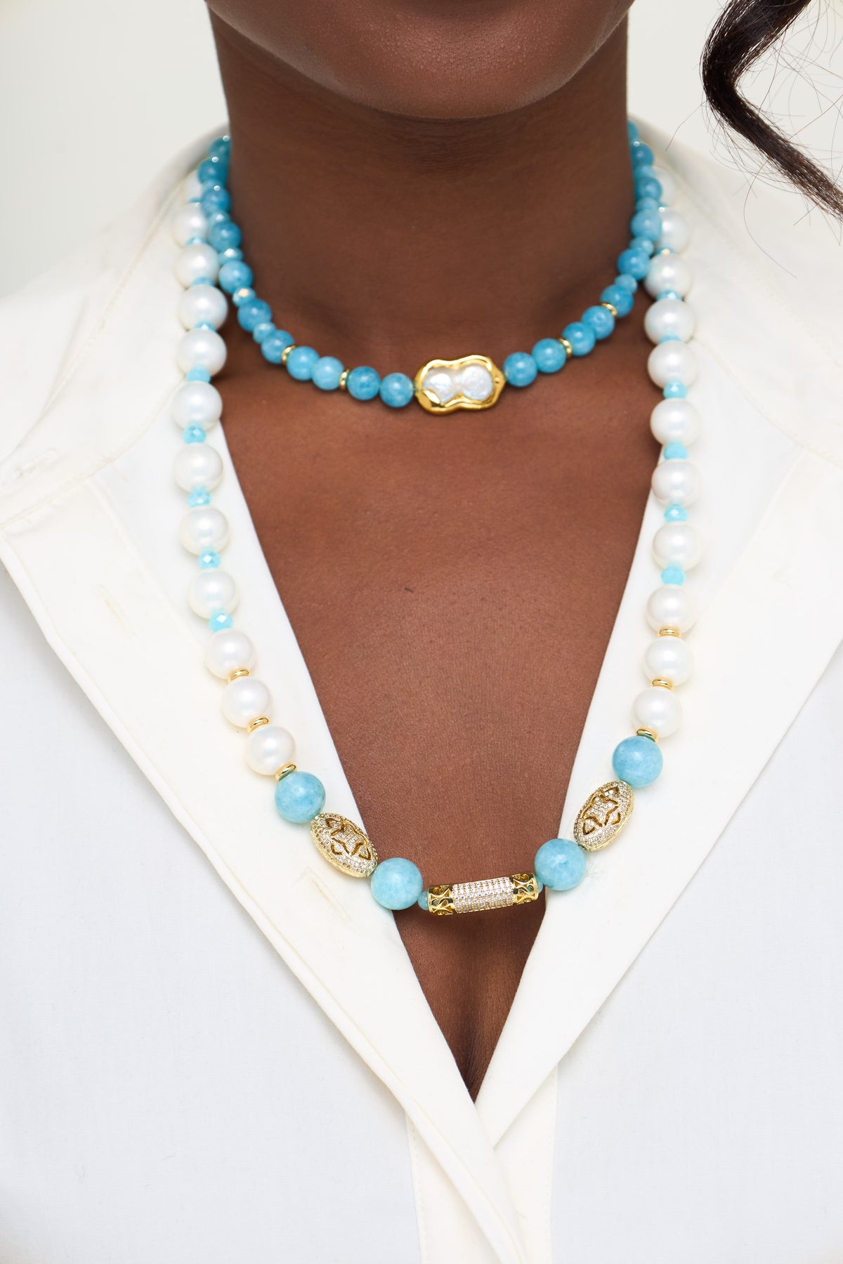 The Aquamarine & Pearl Layered Necklace Set