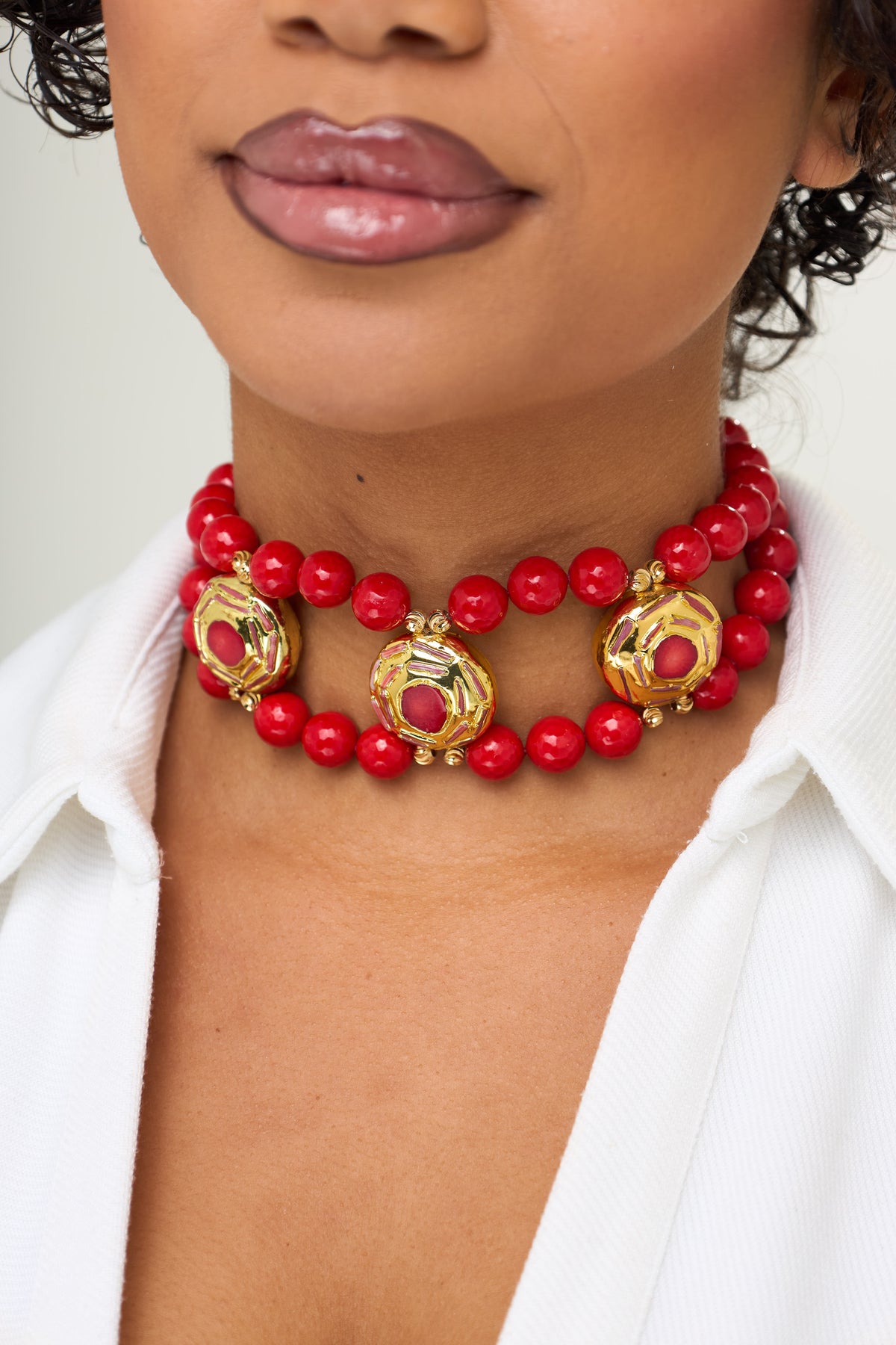 The Coral & Gold Medallion Double-Strand Choker