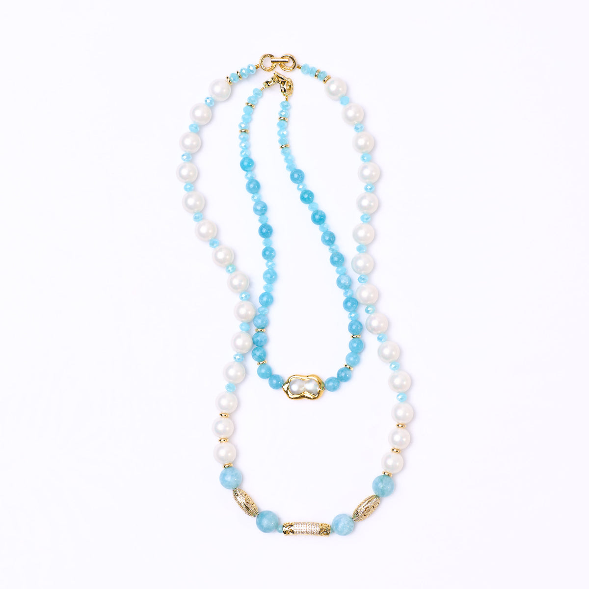 The Aquamarine & Pearl Layered Necklace Set
