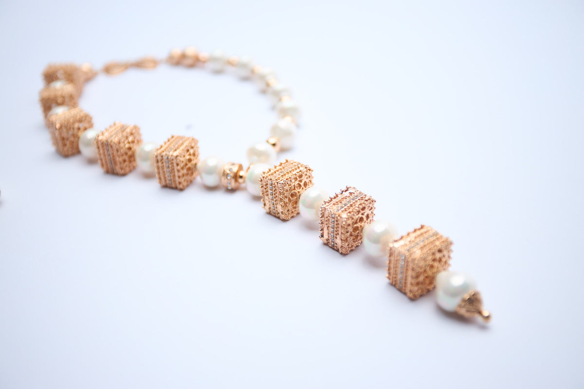 Pearl Gold Box Necklace Set