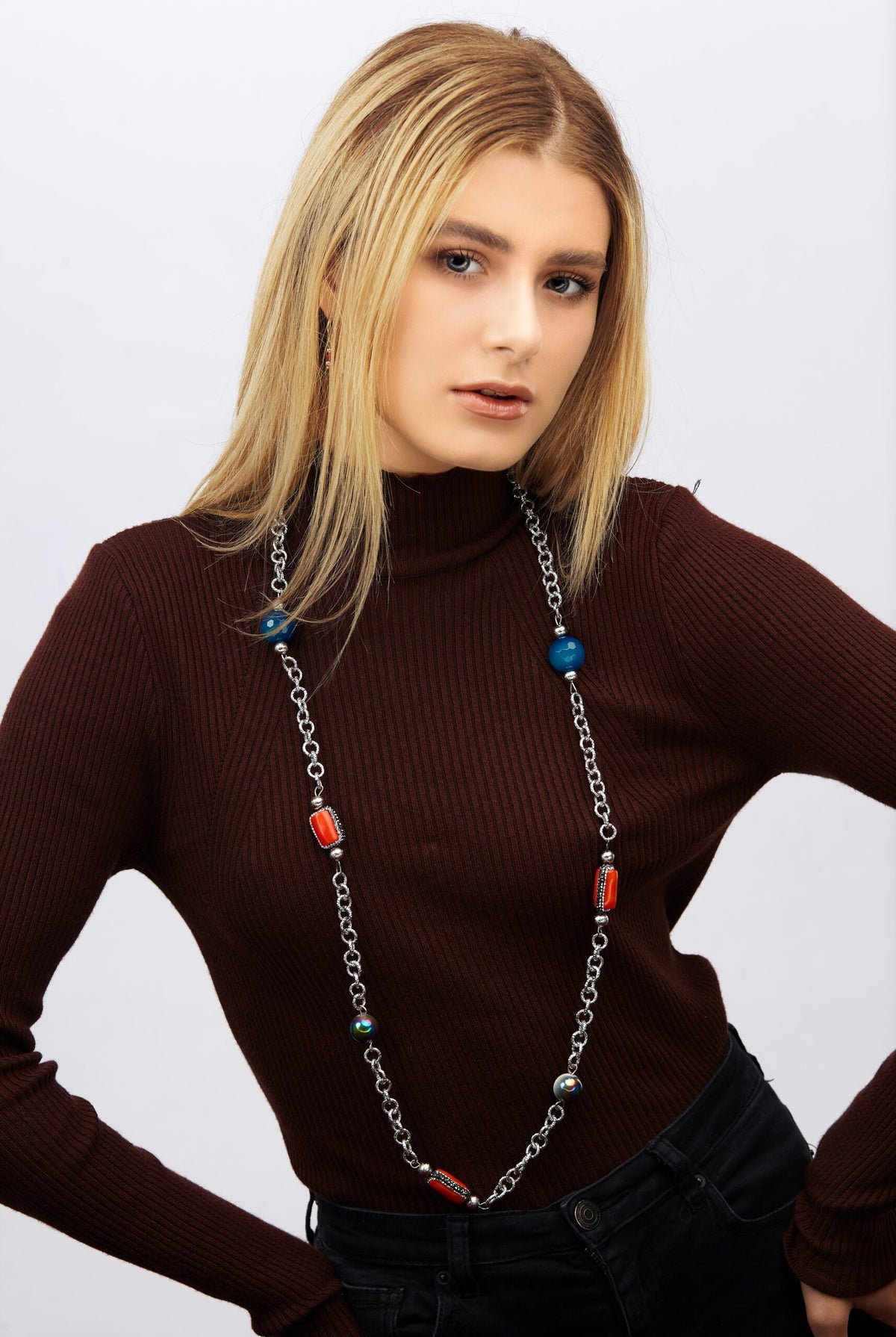 Long Silver Coral Necklace