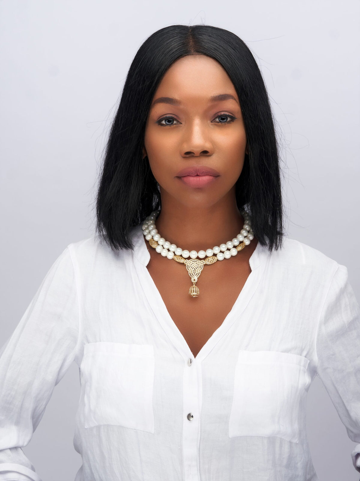 White Bead Necklace with Drop Pendant